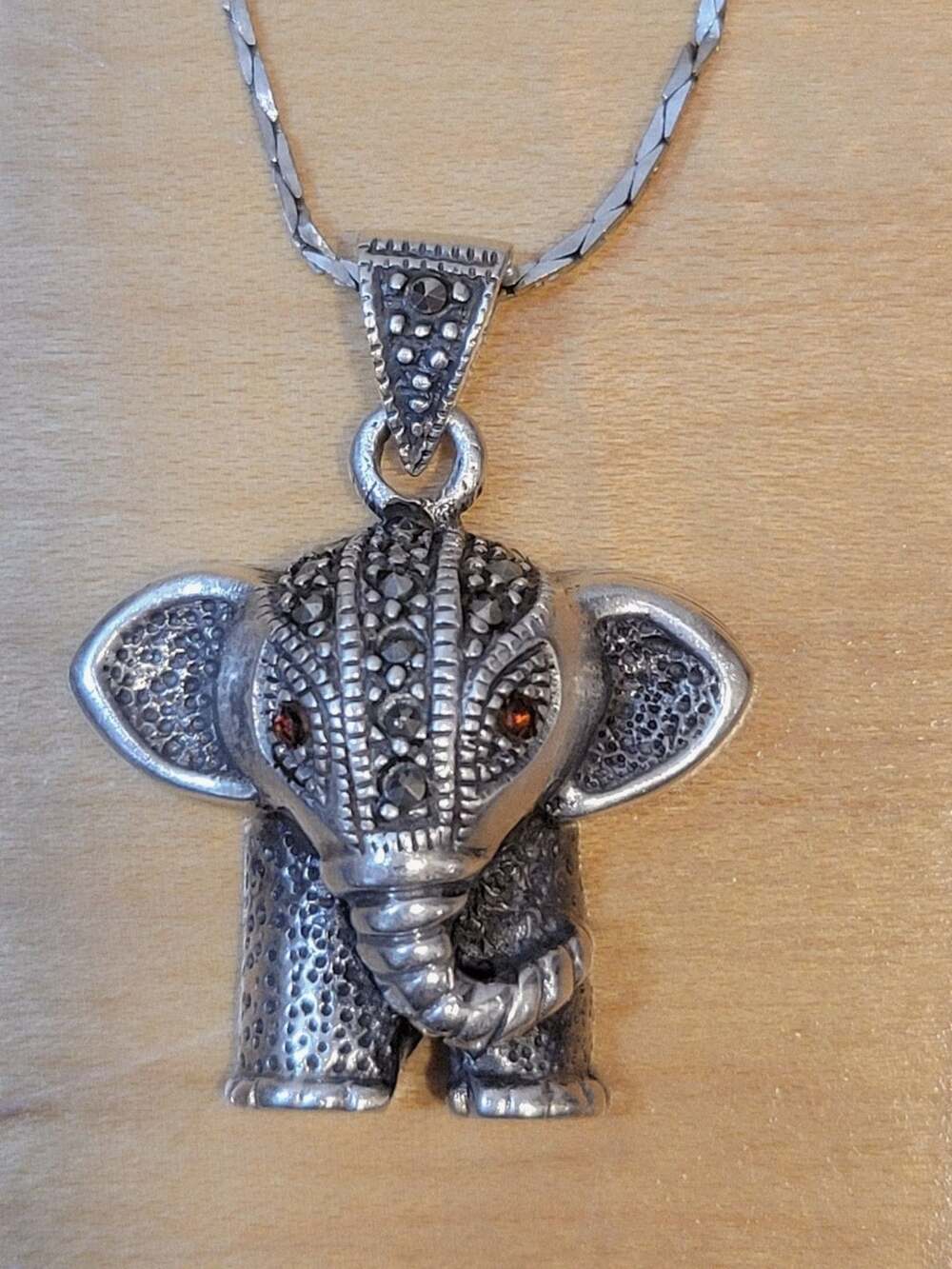 VTG Elephant 925 Silver Pendant Necklace 24” Marcasites Tourmaline Thailand
